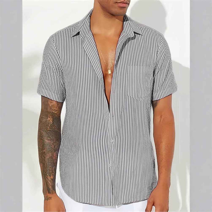 Men's Short Sleeve Shirt – Relaxed Fit – Breathable Vertical Stripes Dark Grey