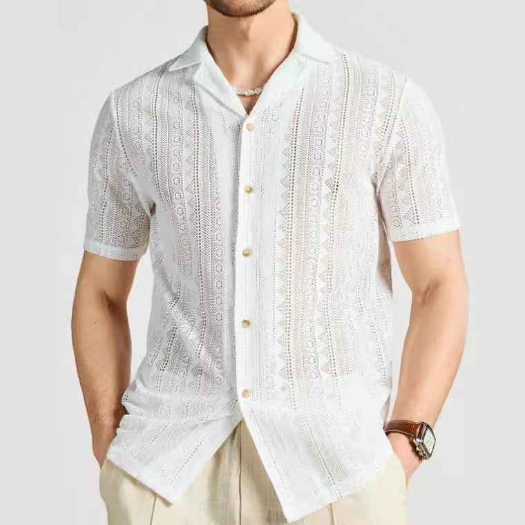 Men's Short Sleeve Shirt – Relaxed Fit – Soft Knit – Breathable Lace Texture White