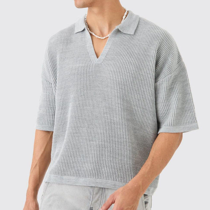 Men's Short Sleeve Shirt – Relaxed Fit – Soft Knit V-Neck with Collar Grey