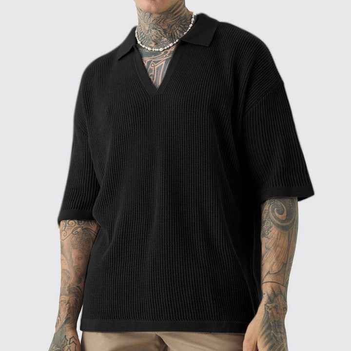 Men's Short Sleeve Shirt – Relaxed Fit – Soft Knit V-Neck with Collar Black