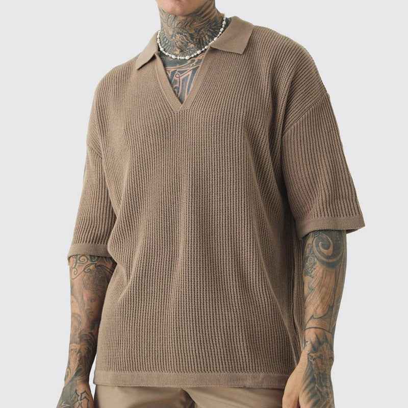 Men's Short Sleeve Shirt – Relaxed Fit – Soft Knit V-Neck with Collar Brown