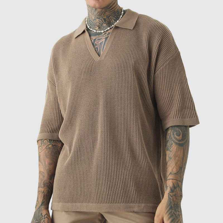 Men's Short Sleeve Shirt – Relaxed Fit – Soft Knit V-Neck with Collar Brown