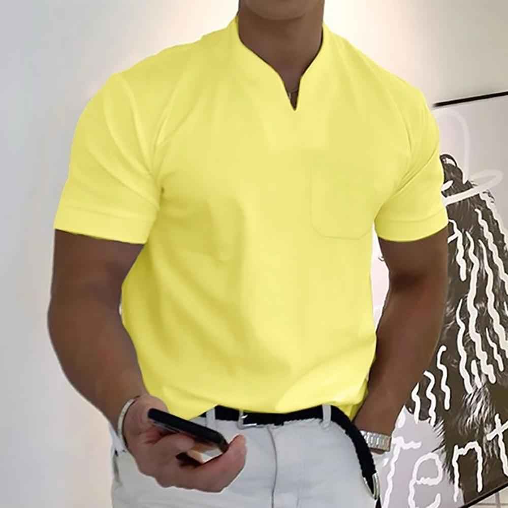 Men's Short Sleeve Slim Fit Shirt – Breathable Mandarin Collar – Casual Style Yellow
