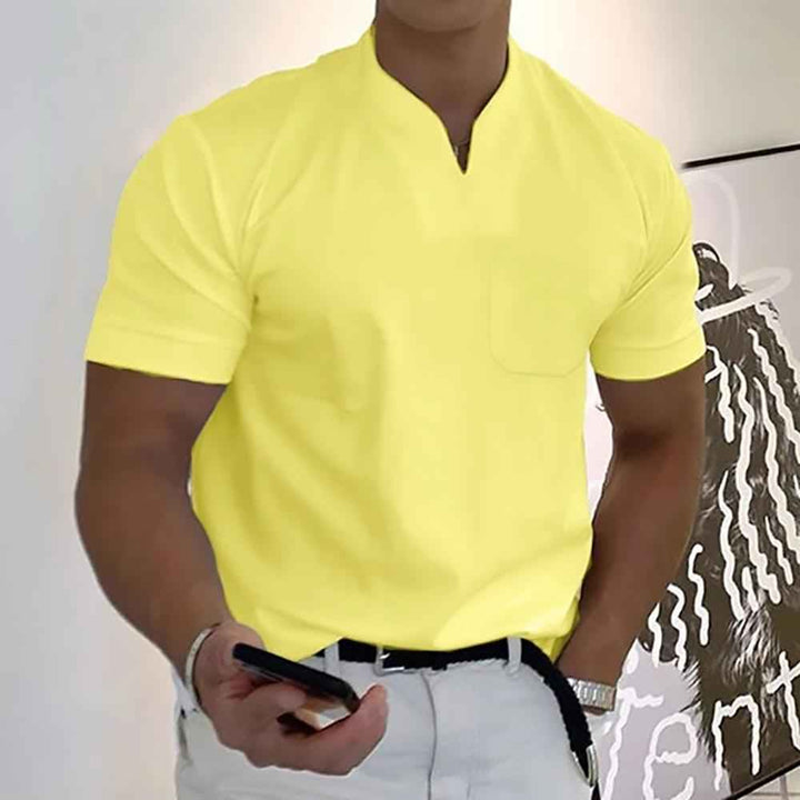 Men's Short Sleeve Slim Fit Shirt – Breathable Mandarin Collar – Casual Style Yellow