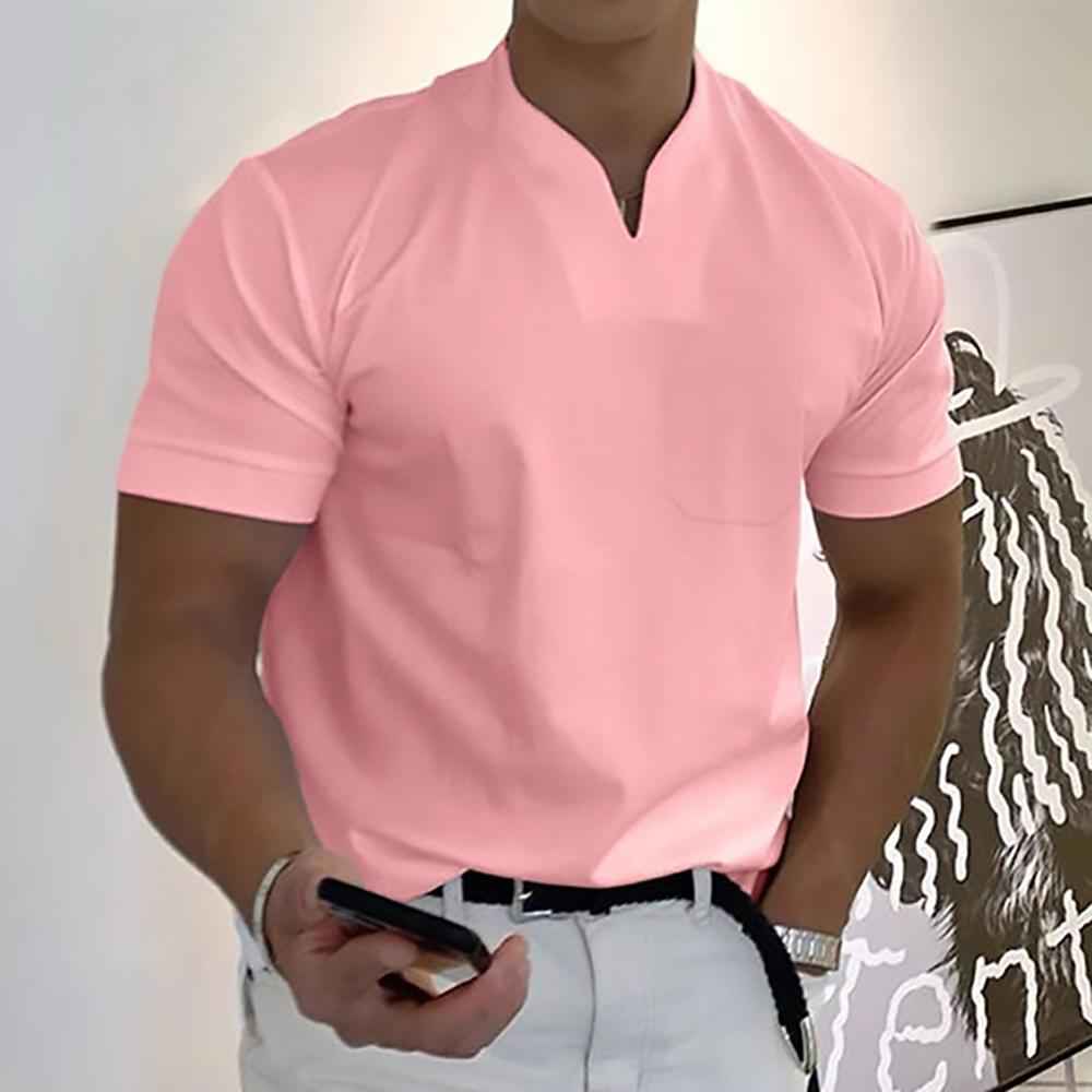 Men's Short Sleeve Slim Fit Shirt – Breathable Mandarin Collar – Casual Style Pink