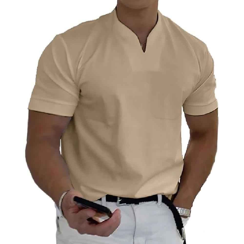 Men's Short Sleeve Slim Fit Shirt – Breathable Mandarin Collar – Casual Style Khaki