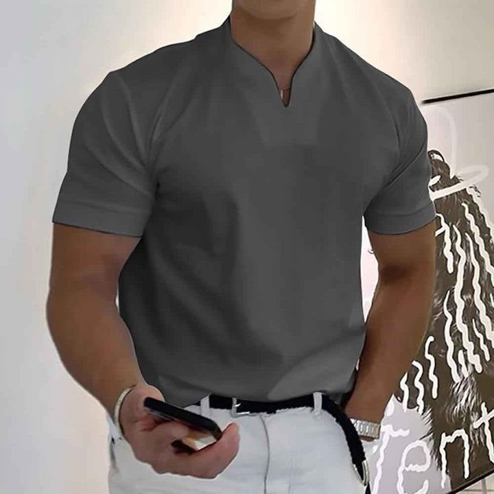 Men's Short Sleeve Slim Fit Shirt – Breathable Mandarin Collar – Casual Style Dark Grey