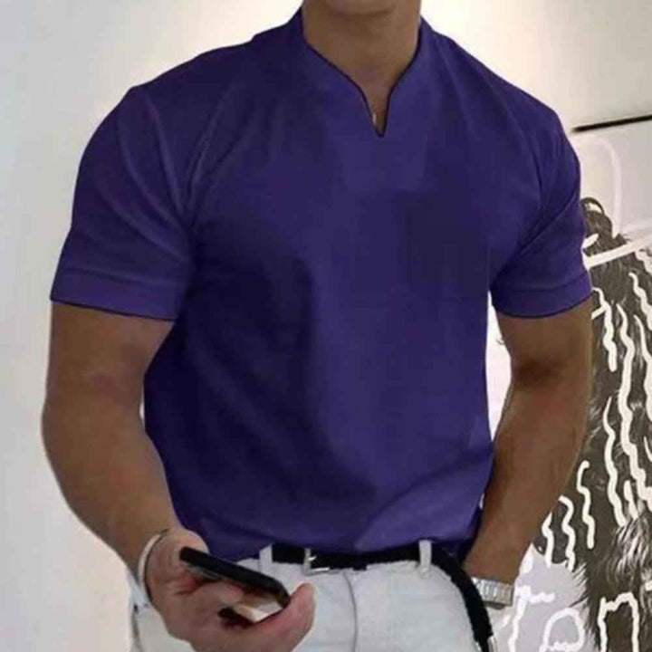 Men's Short Sleeve Slim Fit Shirt – Breathable Mandarin Collar – Casual Style Navy Blue