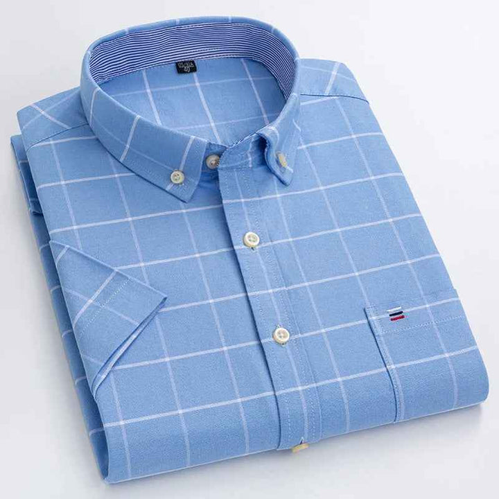 Men's Short Sleeve Striped Shirt - Classic Collar - Regular Fit - Breathable Cotton Light Blue