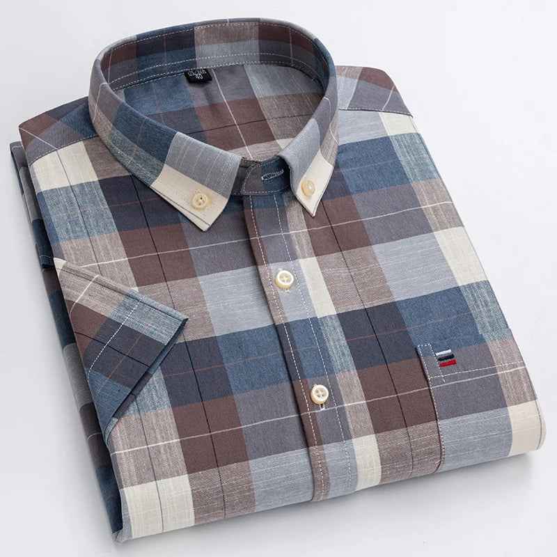 Men's Short Sleeve Striped Shirt - Classic Collar - Regular Fit - Breathable Cotton Brown Grey