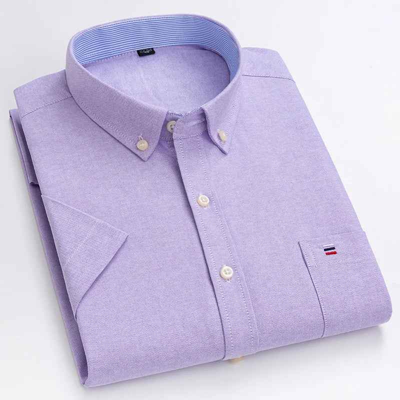 Men's Short Sleeve Striped Shirt - Classic Collar - Regular Fit - Breathable Cotton Light Pink