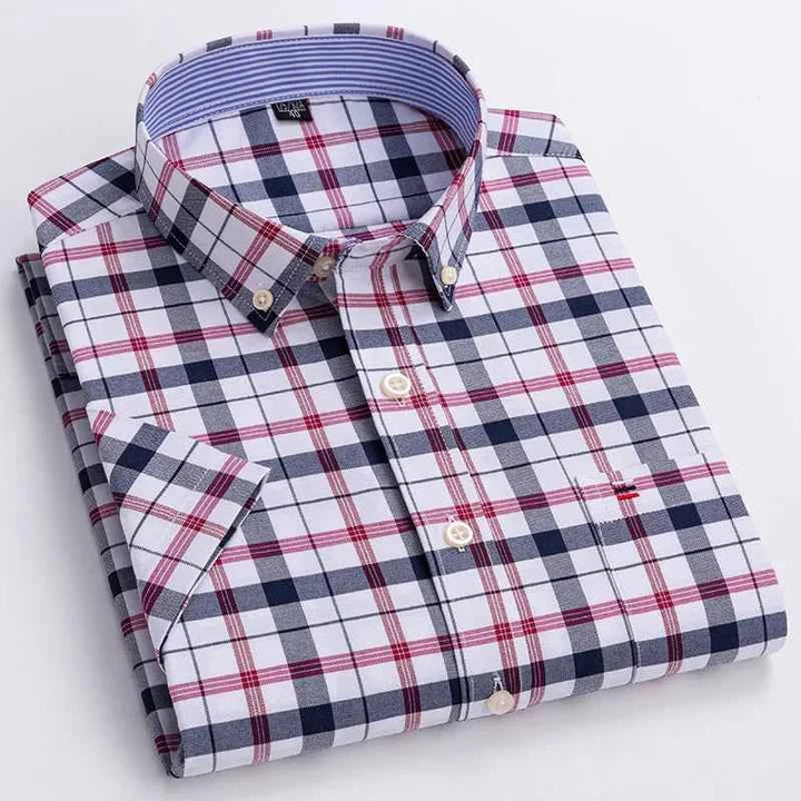 Men's Short Sleeve Striped Shirt - Classic Collar - Regular Fit - Breathable Cotton White Blue