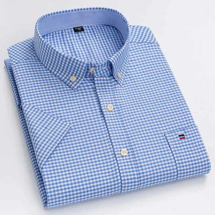 Men's Short Sleeve Striped Shirt - Classic Collar - Regular Fit - Breathable Cotton Blue Checks