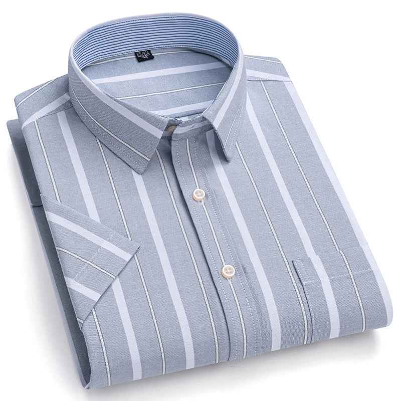 Men's Short Sleeve Striped Shirt - Classic Collar - Regular Fit - Breathable Cotton Grey