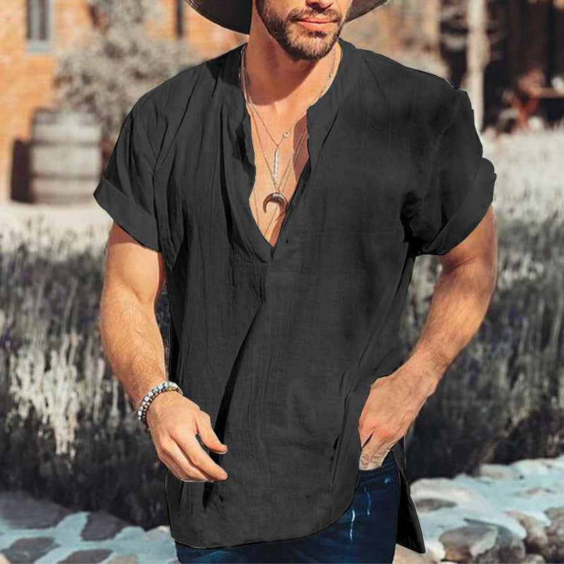 Men's Short Sleeve V-Neck Shirt – Relaxed Fit – Breathable Fabric Black