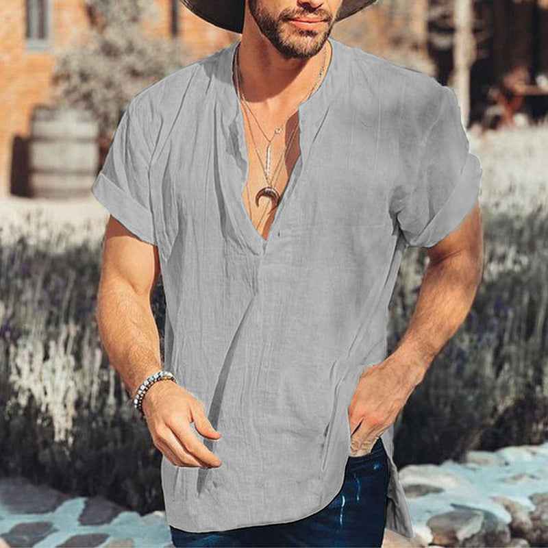 Men's Short Sleeve V-Neck Shirt – Relaxed Fit – Breathable Fabric Grey