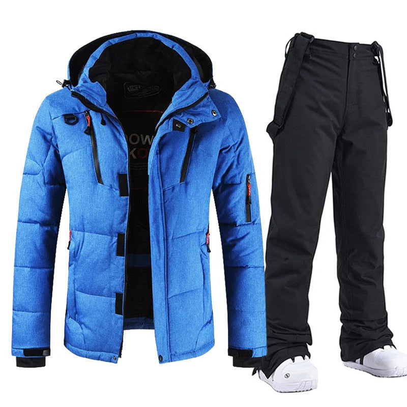 Men's Ski Jacket with Hood & Adjustable Bib Pants Set – Relaxed Fit Blue - Black