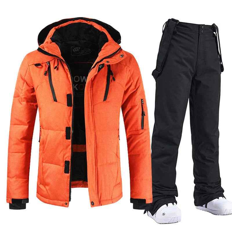 Men's Ski Jacket with Hood & Adjustable Bib Pants Set – Relaxed Fit Orange - Black