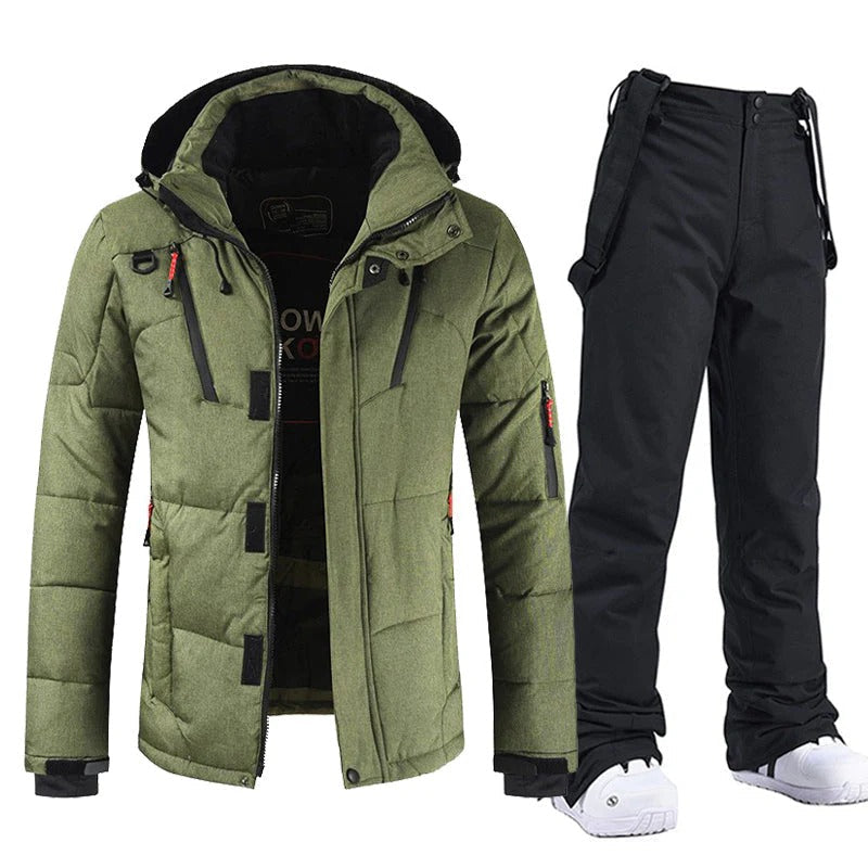 Men's Ski Jacket with Hood & Adjustable Bib Pants Set – Relaxed Fit Army Green - Black