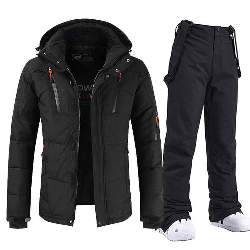 Men's Ski Jacket with Hood & Adjustable Bib Pants Set – Relaxed Fit Black