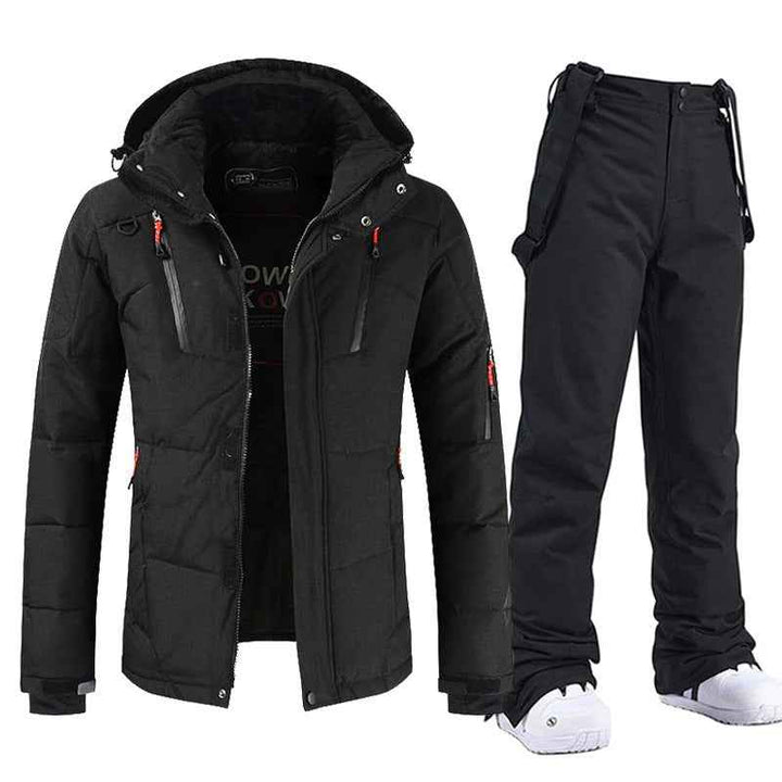Men's Ski Jacket with Hood & Adjustable Bib Pants Set – Relaxed Fit Black