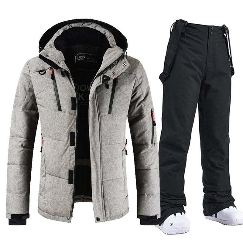 Men's Ski Jacket with Hood & Adjustable Bib Pants Set – Relaxed Fit Grey - Black