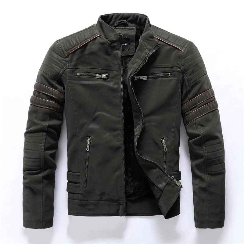 Men's Slim Fit Biker Jacket – Padded Shoulders, Zipper Closure, Stand-up Collar Green