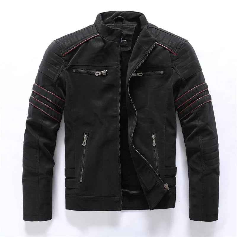 Men's Slim Fit Biker Jacket – Padded Shoulders, Zipper Closure, Stand-up Collar Black