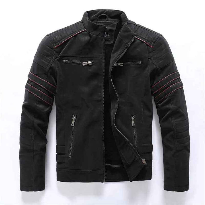 Men's Slim Fit Biker Jacket – Padded Shoulders, Zipper Closure, Stand-up Collar Black