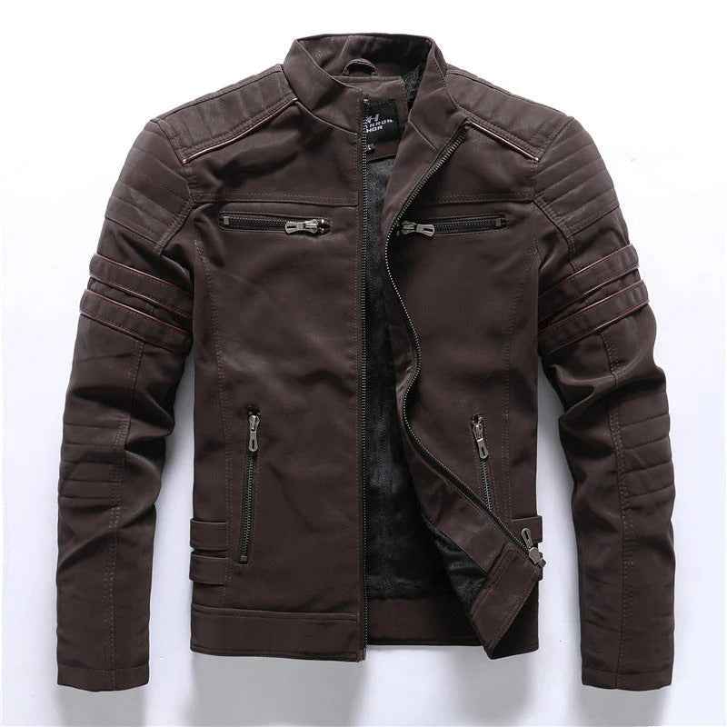 Men's Slim Fit Biker Jacket – Padded Shoulders, Zipper Closure, Stand-up Collar Brown