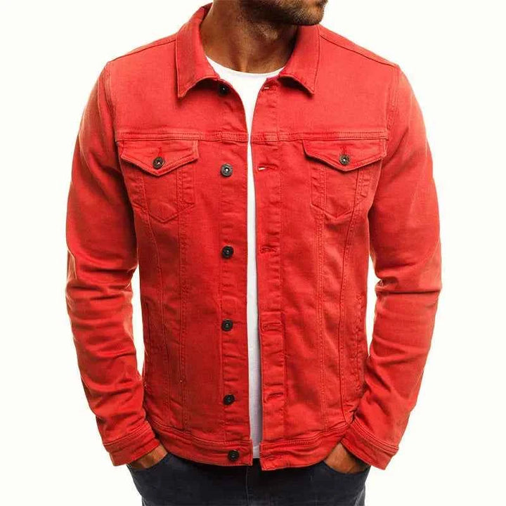 Men's Slim-Fit Denim Jacket with Buttons Red