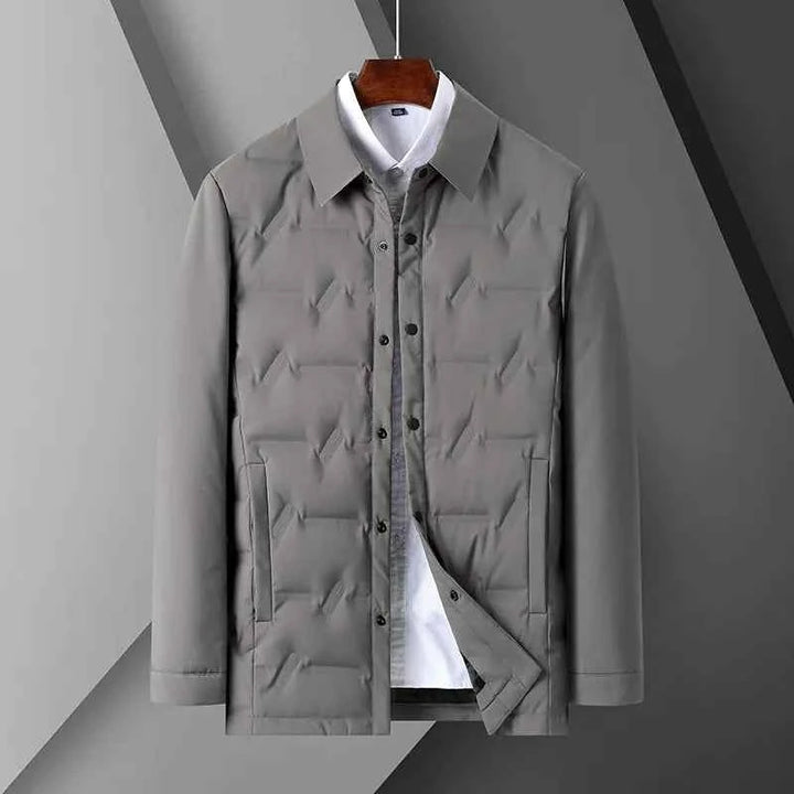 Men's Slim Fit Down Jacket – Padded Design with Shirt Collar and Button Closure Grey