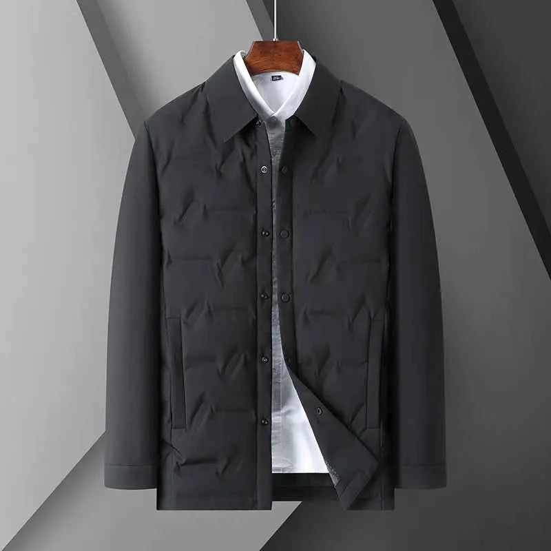 Men's Slim Fit Down Jacket – Padded Design with Shirt Collar and Button Closure Black