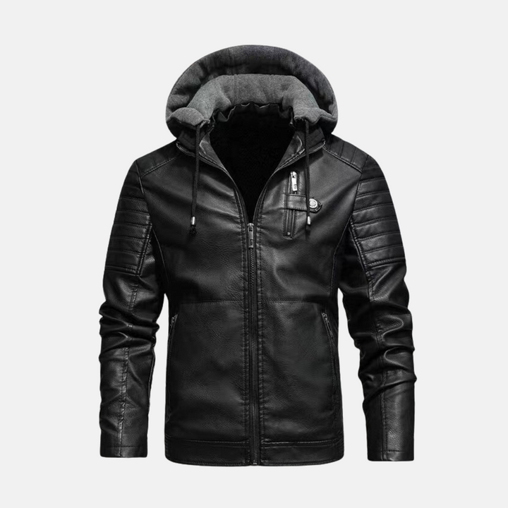 Men's Slim Fit Faux Leather Jacket with Hood and Padded Shoulders - Zipper Closure Black