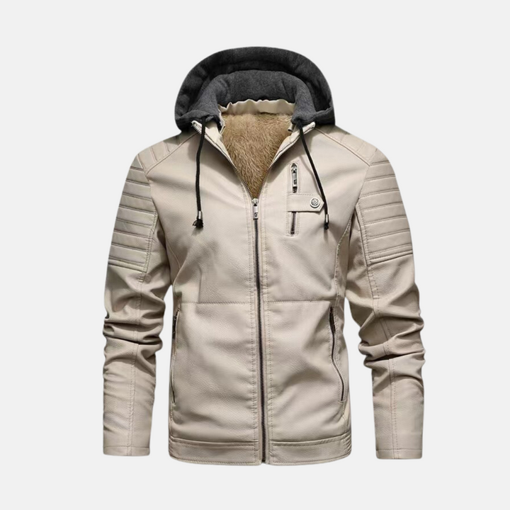 Men's Slim Fit Faux Leather Jacket with Hood and Padded Shoulders - Zipper Closure Off-White