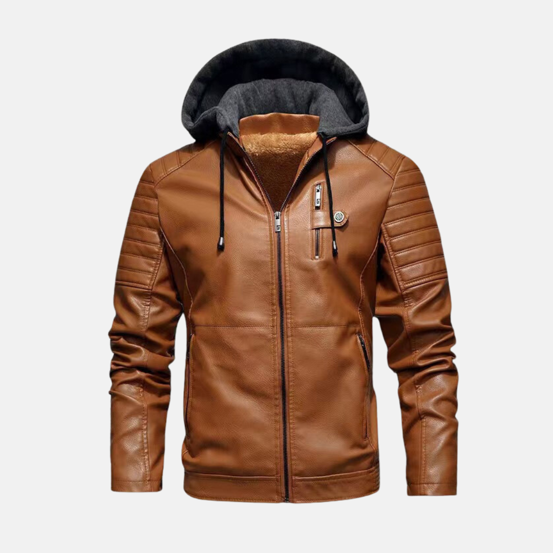 Men's Slim Fit Faux Leather Jacket with Hood and Padded Shoulders - Zipper Closure Red