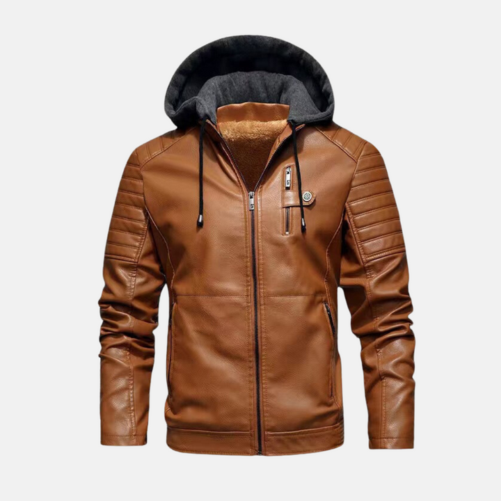 Men's Slim Fit Faux Leather Jacket with Hood and Padded Shoulders - Zipper Closure Camel