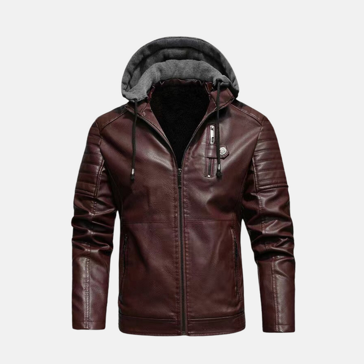 Men's Slim Fit Faux Leather Jacket with Hood and Padded Shoulders - Zipper Closure Red