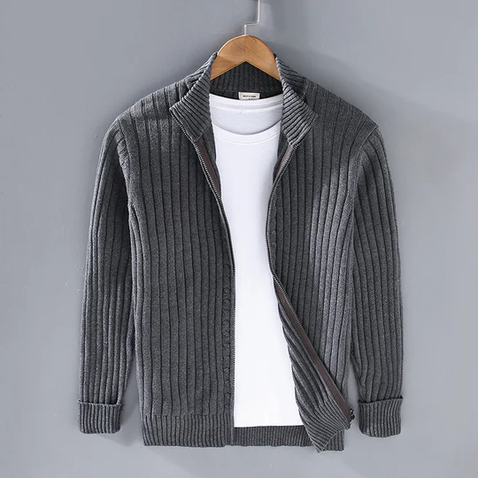 Men's Slim Fit Knitted Cardigan – Cotton with Ribbed Texture and Zipper Closure Grey