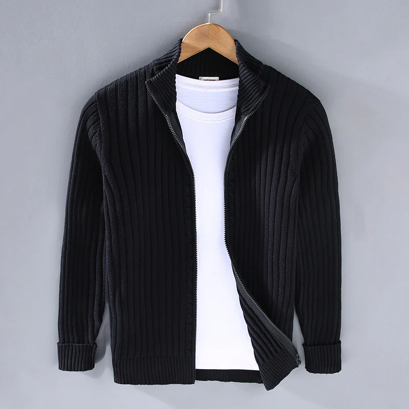 Men's Slim Fit Knitted Cardigan – Cotton with Ribbed Texture and Zipper Closure Black