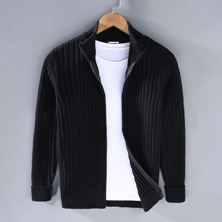 Men's Slim Fit Knitted Cardigan – Cotton with Ribbed Texture and Zipper Closure Black