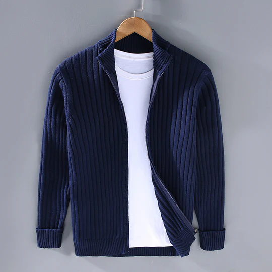 Men's Slim Fit Knitted Cardigan – Cotton with Ribbed Texture and Zipper Closure Navy Blue