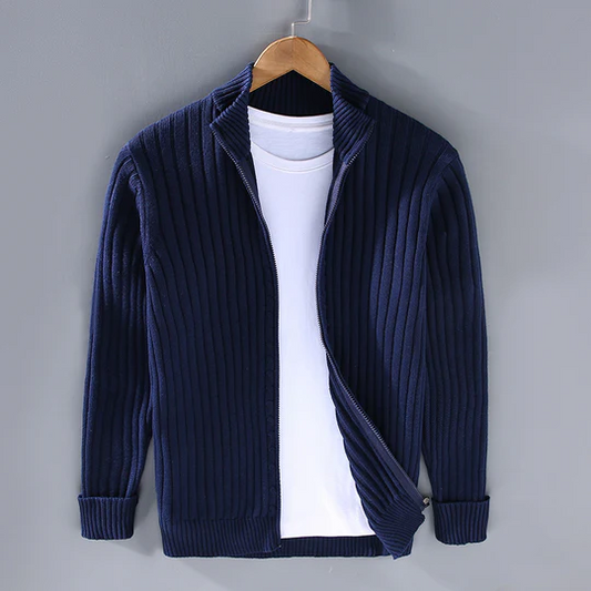 Men's Cotton Slim Fit Ribbed Cardigan Winter Essential Knitwear Navy Blue
