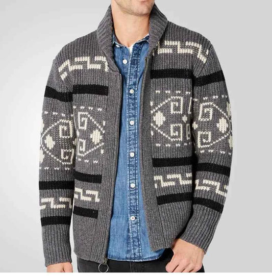 Men's Grey Slim Fit Wool Blend Zip Front Geometric Cardigan Grey