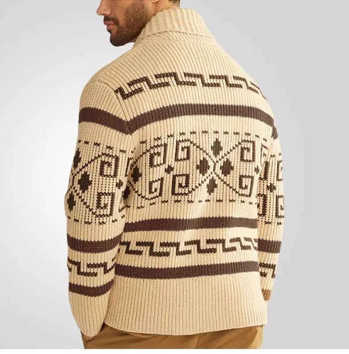 Men's Slim Fit Knitted Wool Cardigan with Zip Closure and Geometric Pattern