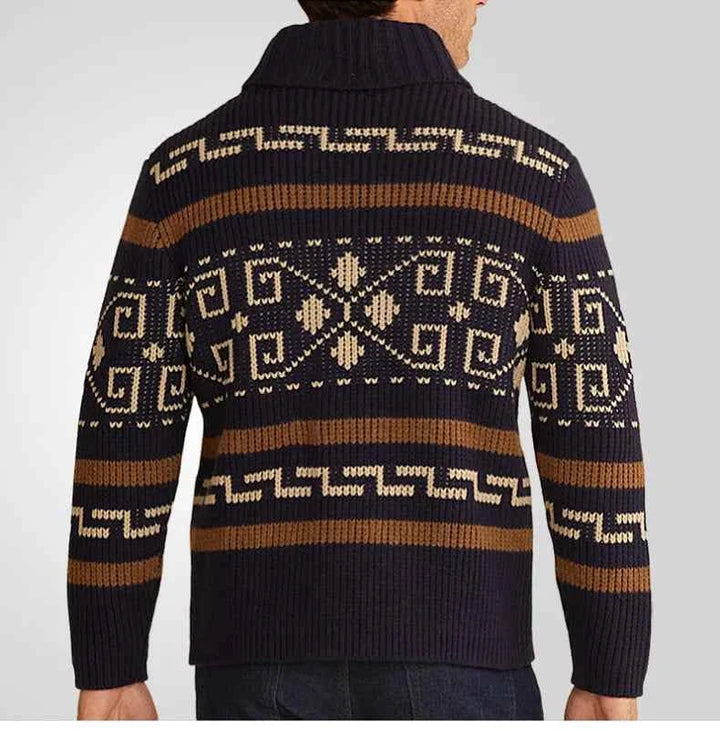 Men's Slim Fit Knitted Wool Cardigan with Zip Closure and Geometric Pattern