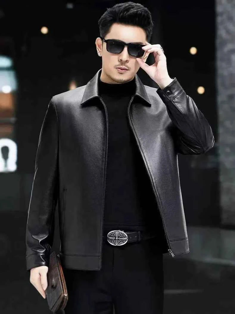 Men's Slim Fit Leather Jacket – Tailored Casual Design with Zipper Closure Black