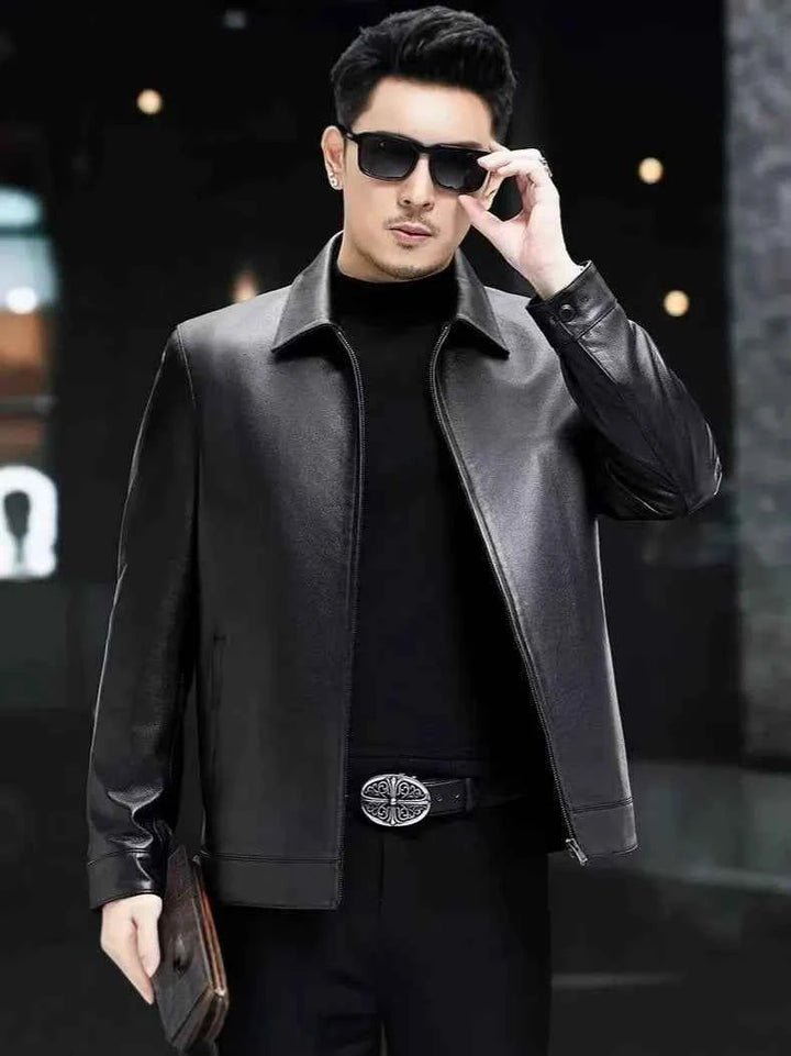 Men's Slim Fit Leather Jacket – Tailored Casual Design with Zipper Closure Black