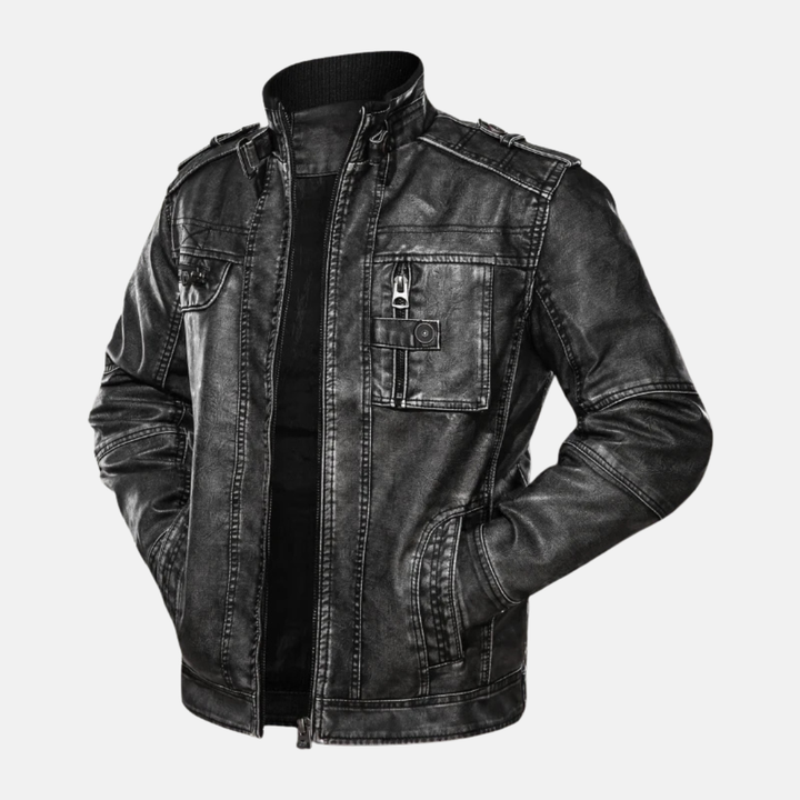 Men's Slim Fit Leather Jacket – Vintage Washed Look – Ribbed Collar – Multiple Pockets