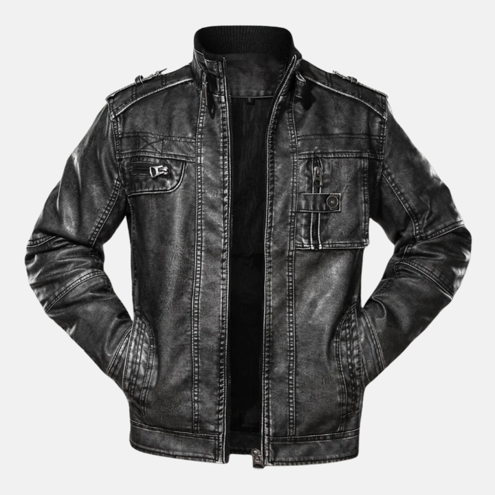 Men's Slim Fit Leather Jacket – Vintage Washed Look – Ribbed Collar – Multiple Pockets Black